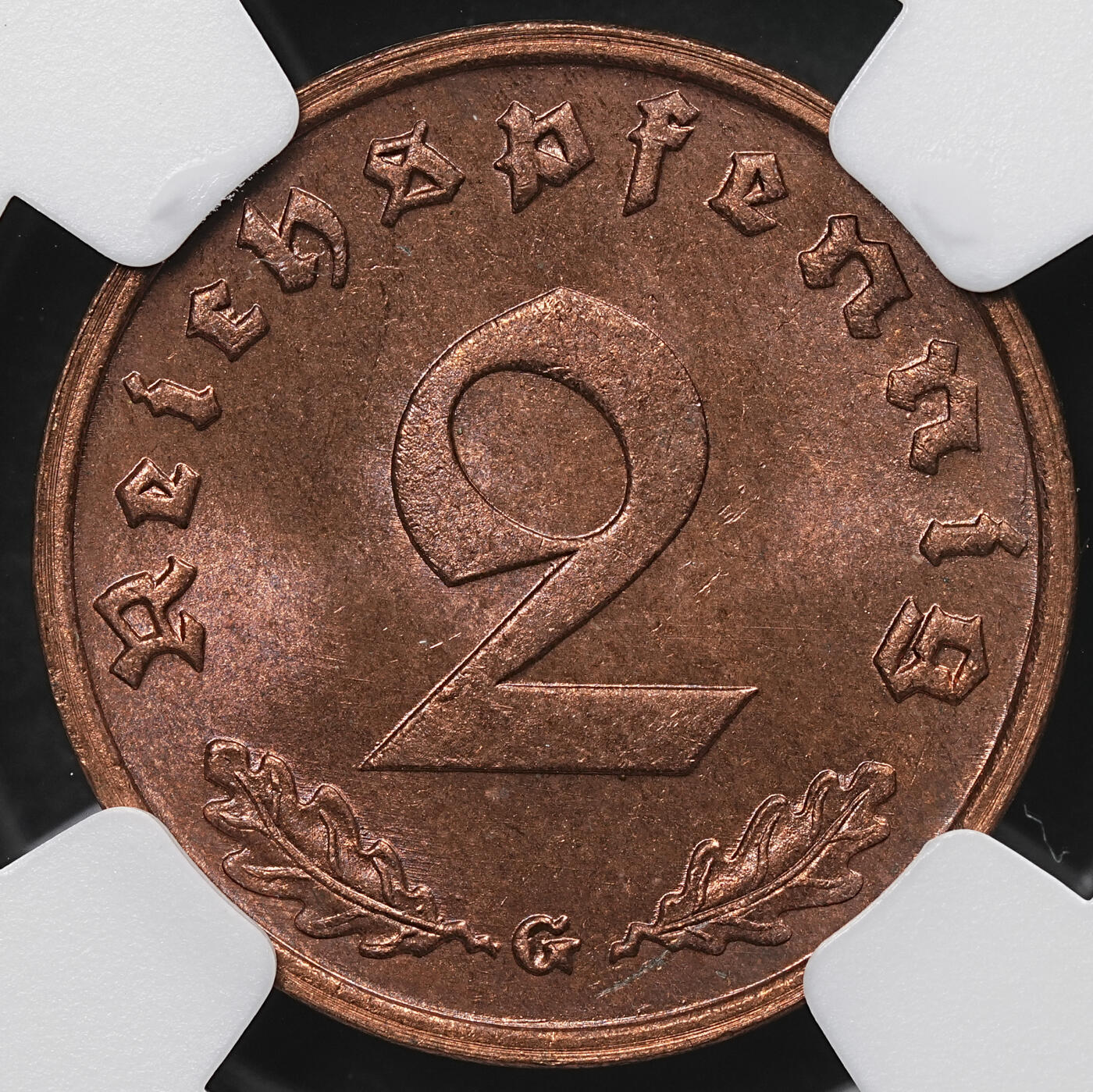 修遠堂世界钱币第104期 NGC MS63RB 1939年德国2芬尼铜币 G厂铭