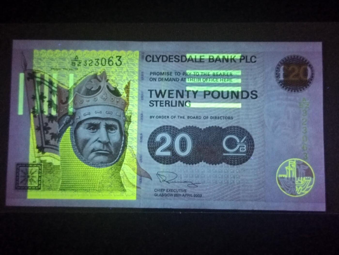 【年前末拍！】2026二月第二期，总216期 苏格兰克莱斯戴勒银行2003年20镑UNC无47，反抗英格兰入侵的罗伯特一世国王和他的戎装骑马像