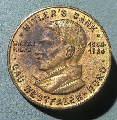 盛世勋华——号角文化勋章邮票专场拍卖第304期 - 德国（1939）北威斯特法伦地区小胡子感谢人民纪念铜章 做工精美 极为少见 带厂标