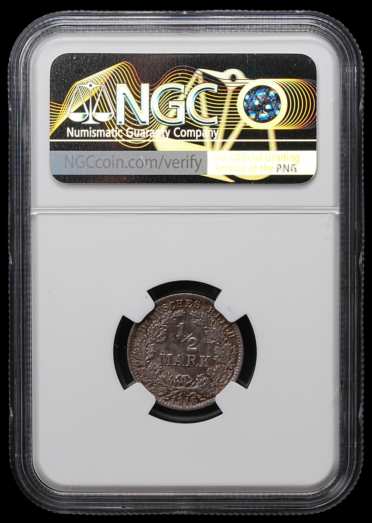 修遠堂世界钱币第104期 NGC MS63 1918年德国1/2马克银币 A厂铭 黑彩