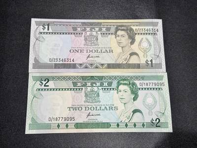 《外钞收藏家》第六百零九期（农历年前收官场、本期年后快递恢复正常再发货）（本平台长期征集拍品、欢迎藏友们联系合作） - 斐济1991年1元+2元一对（签名相同，中年女王头像）	UNC /1面额有个😂疑似压印 不像折