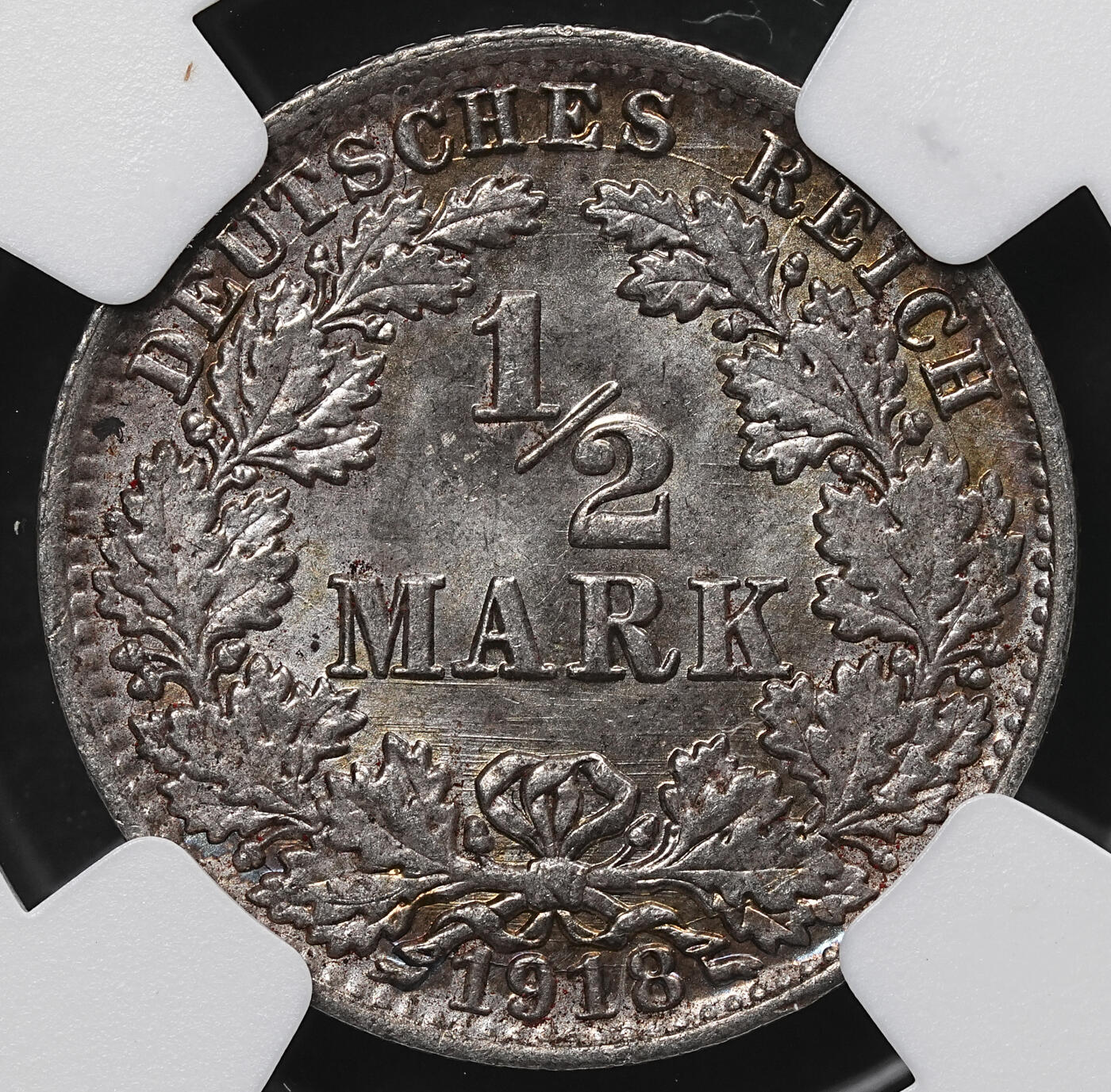 修遠堂世界钱币第104期 NGC MS63 1918年德国1/2马克银币 A厂铭 黑彩