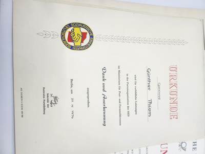 南水社第二次拍卖 民主德国波茨坦邮政负责人套证。任职证明、邮政等级资格证书、社会主义劳动积极分子荣誉证书、奖金证书、党内任职文件、工作通知及退休文件共计45张