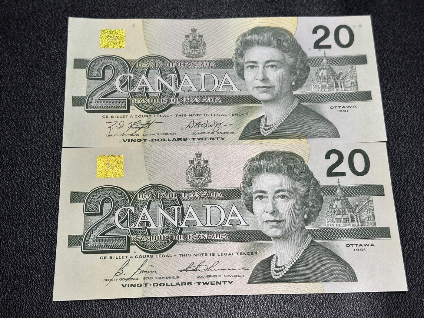 《外钞收藏家》第六百零九期（农历年前收官场、本期年后快递恢复正常再发货）（本平台长期征集拍品、欢迎藏友们联系合作） 加拿大1991年鸟版20元两张一对（2种不同签名；绝品）