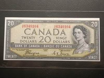 【年前末拍！】2026二月第二期，总216期 - 加拿大1954版20元“魔鬼脸”版本首签AUNC，因新发行纸币的女王发型可以看出来一个魔鬼向下看的脸而被舆论攻击，从而紧急改版，导致此版本稀少