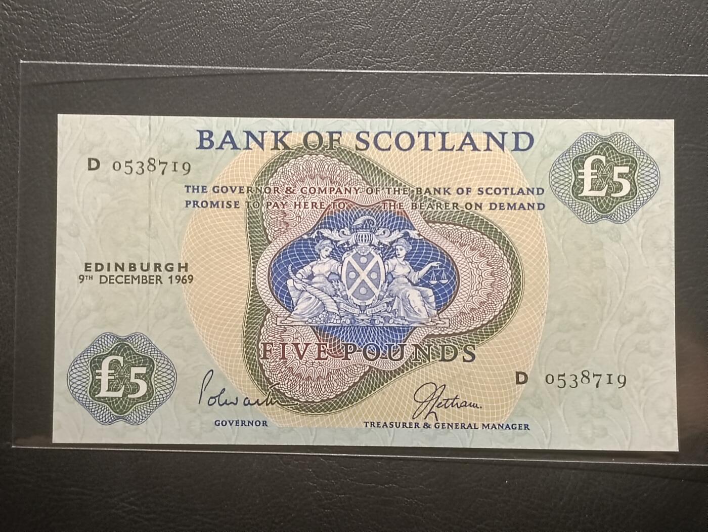 【年前末拍！】2026二月第二期，总216期 苏格兰银行1969年5镑UNC-，早期少见中高面值品种