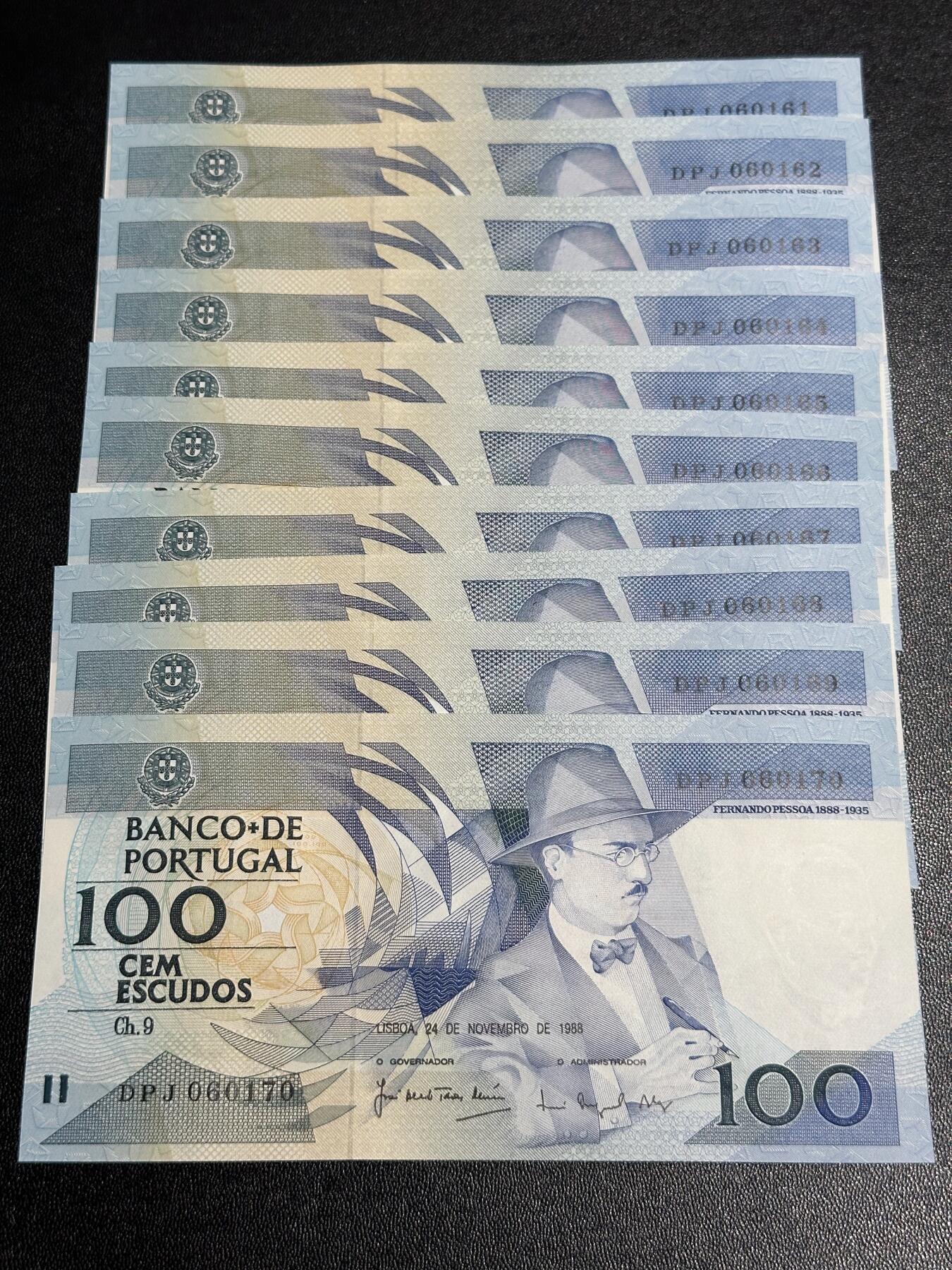 《外钞收藏家》第六百零九期（农历年前收官场、本期年后快递恢复正常再发货）（本平台长期征集拍品、欢迎藏友们联系合作） 葡萄牙1988年100埃斯库多标十连号（61-70无47；作家费尔南多佩索阿）		UNC
