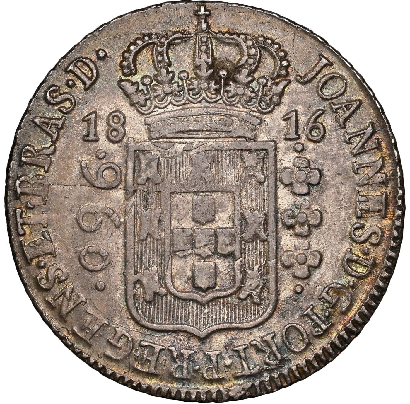 博洋堂“心向春光”2月精品大拍专场暨第160期（全场包邮） NGC MS61 葡属巴西1816年B版若昂六世960瑞斯地球银币，稀少加盖在西班牙本土费七双柱上，背面盾徽及M GJ比较清晰，年份大致为1814