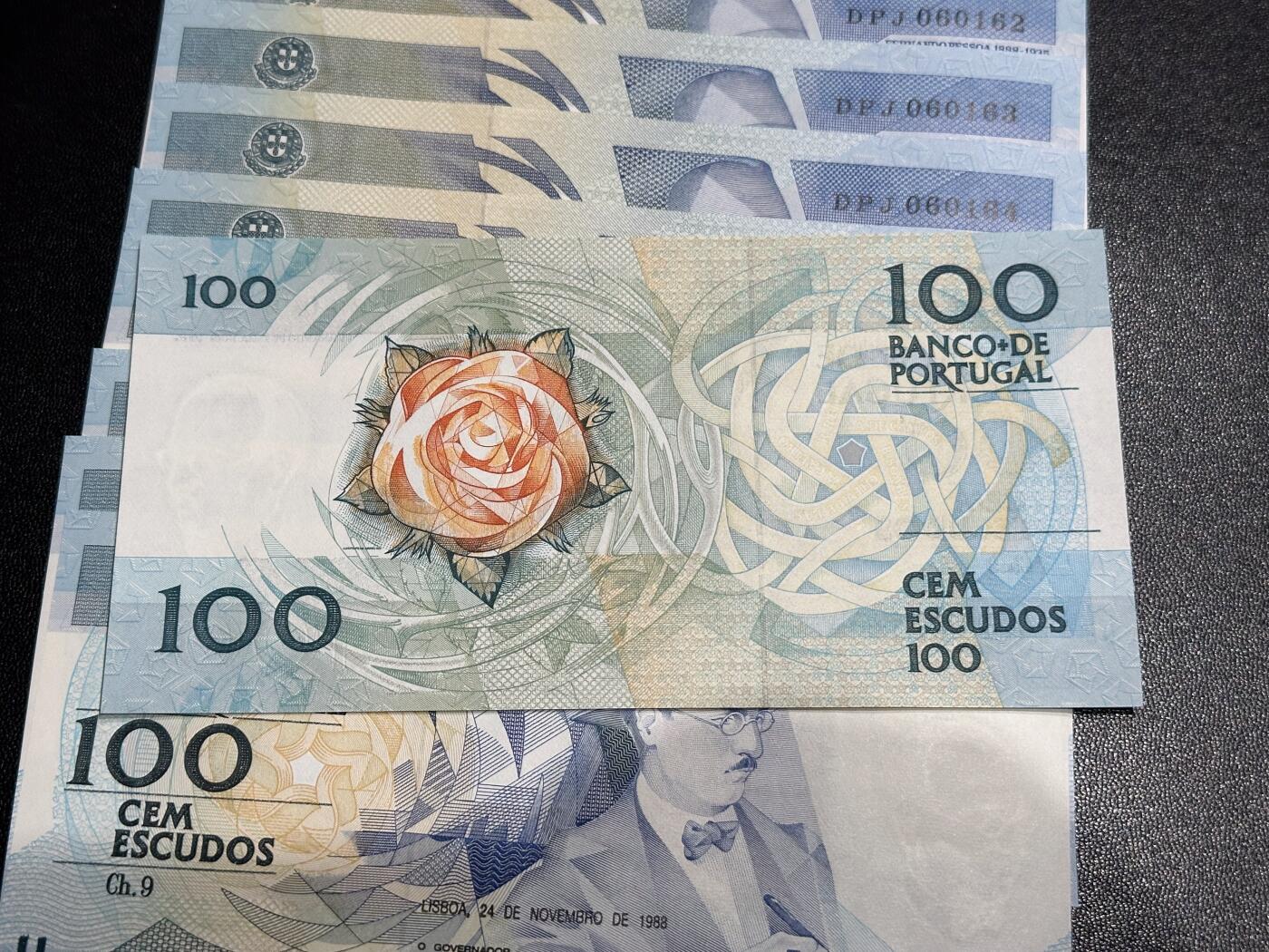 《外钞收藏家》第六百零九期（农历年前收官场、本期年后快递恢复正常再发货）（本平台长期征集拍品、欢迎藏友们联系合作） 葡萄牙1988年100埃斯库多标十连号（61-70无47；作家费尔南多佩索阿）		UNC