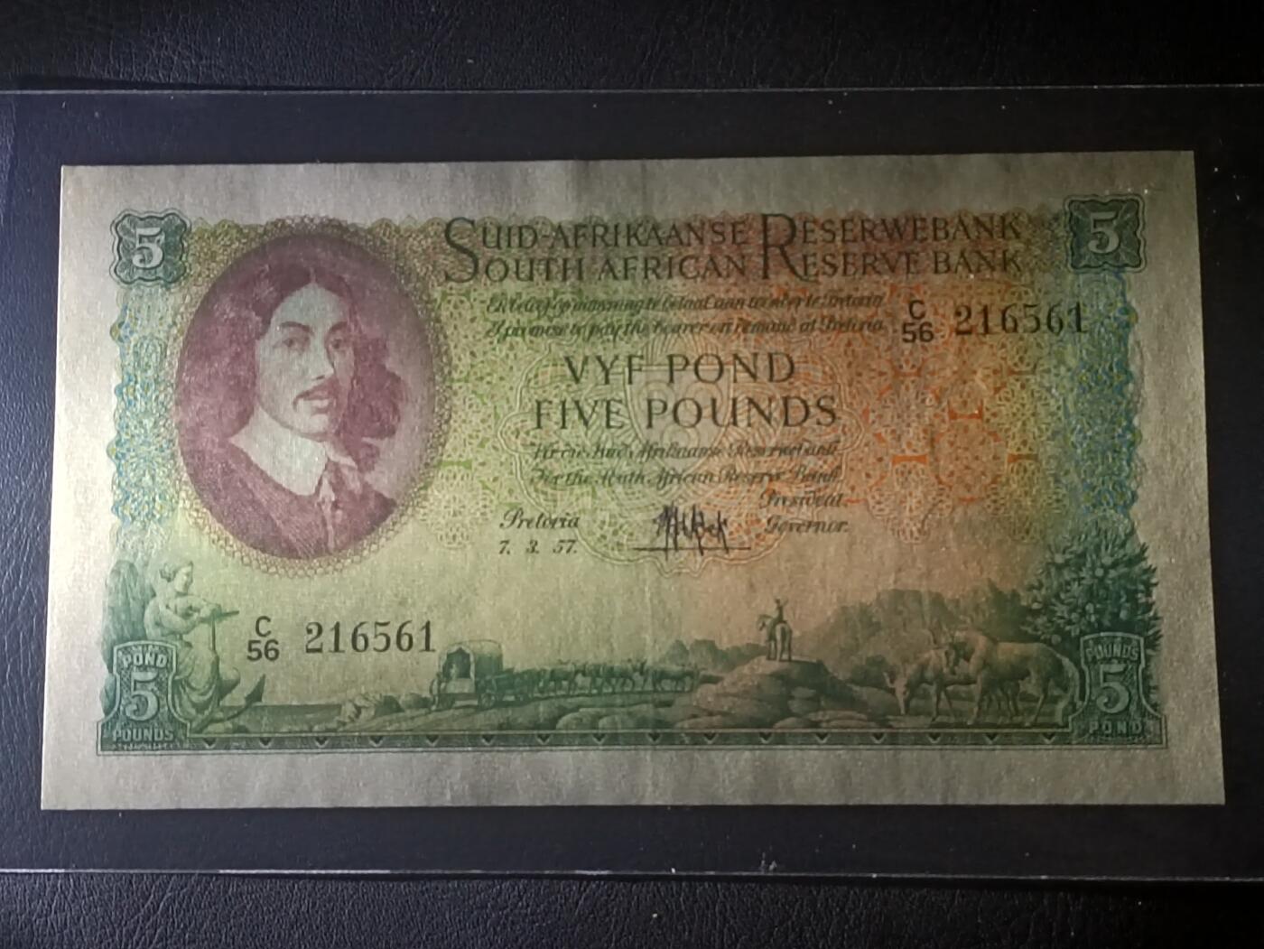 【年前末拍！】2026二月第二期，总216期 南非1957年5镑AUNC南非荷兰文在前版本无47，范里贝克和大帆船，少见南非镑中高面值品种