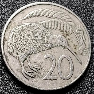 泉币菌-第181场- 精品福利场 - 1982年 英属新西兰20分镍币 几维鸟  伊丽莎白二世女王 28.5mm 