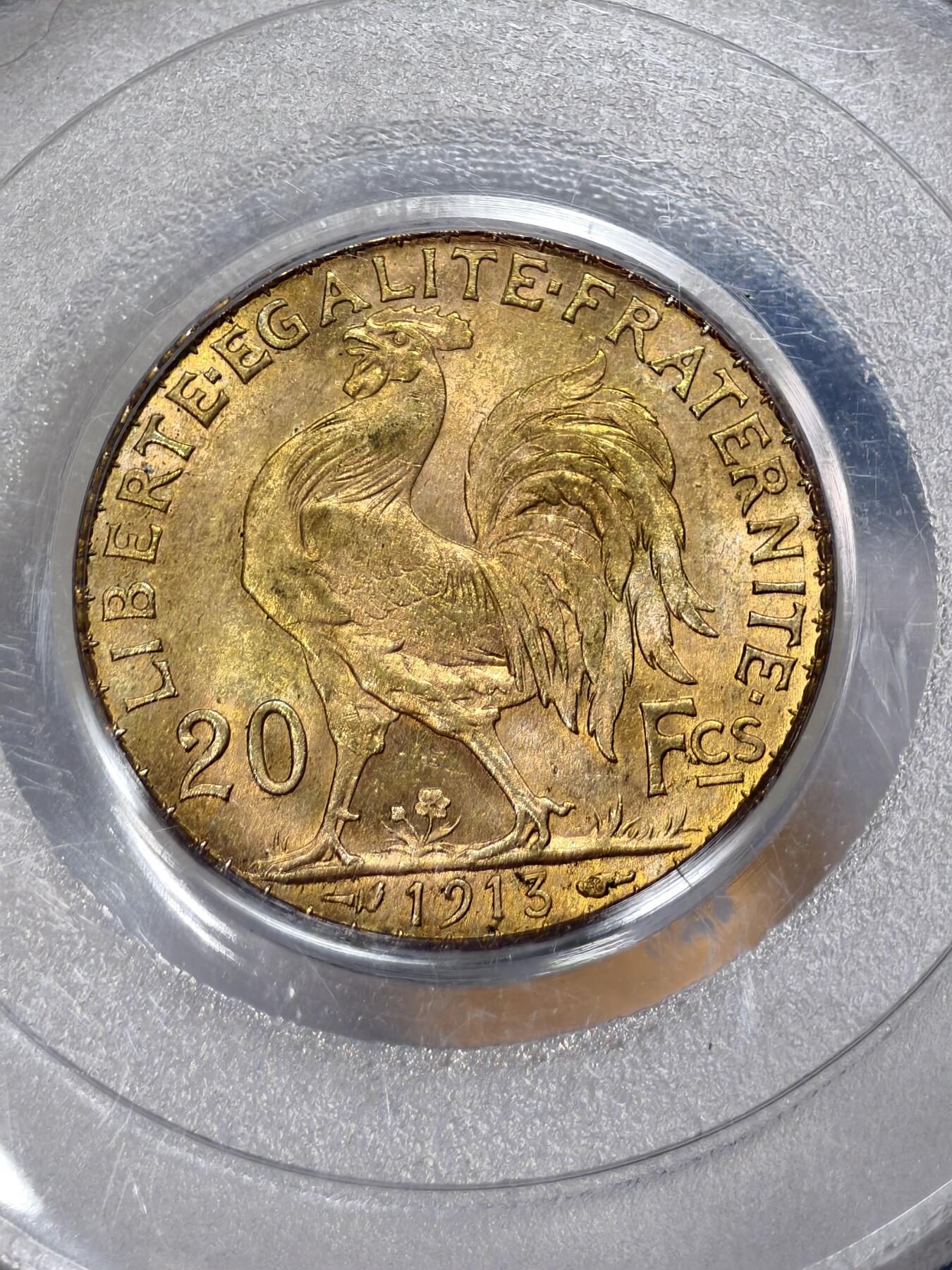 PCGS-MS65法国1913年玛丽安娜高卢雄鸡20法郎金币