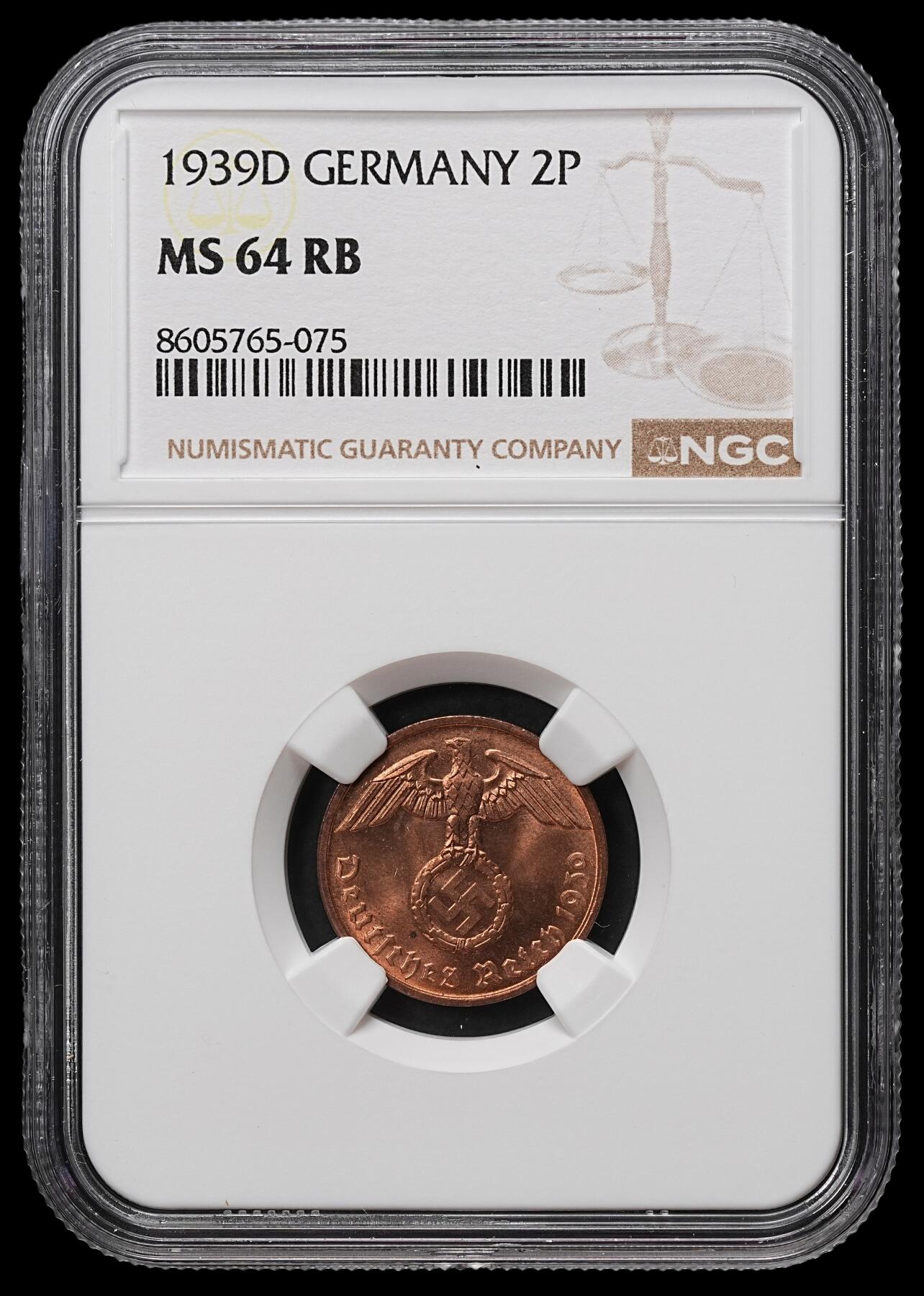 修遠堂世界钱币第104期 NGC MS64RB 1939年德国2芬尼铜币 D厂铭