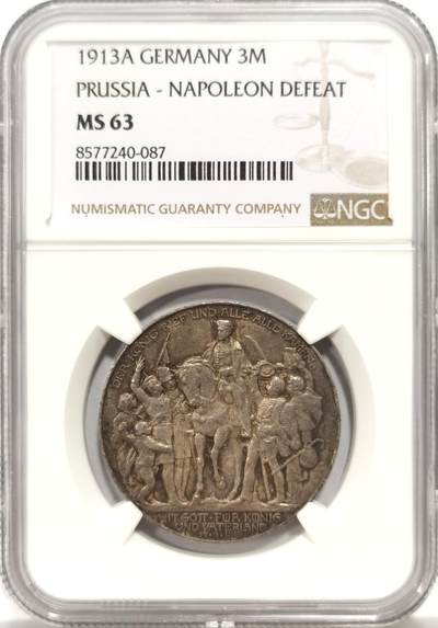 博洋堂“心向春光”2月精品大拍专场暨第160期（全场包邮） - NGC MS63 德国普鲁士1913年战胜拿破仑纪念3马克，整体由均匀的黑色浓郁包浆覆盖，观感非常棒的一枚