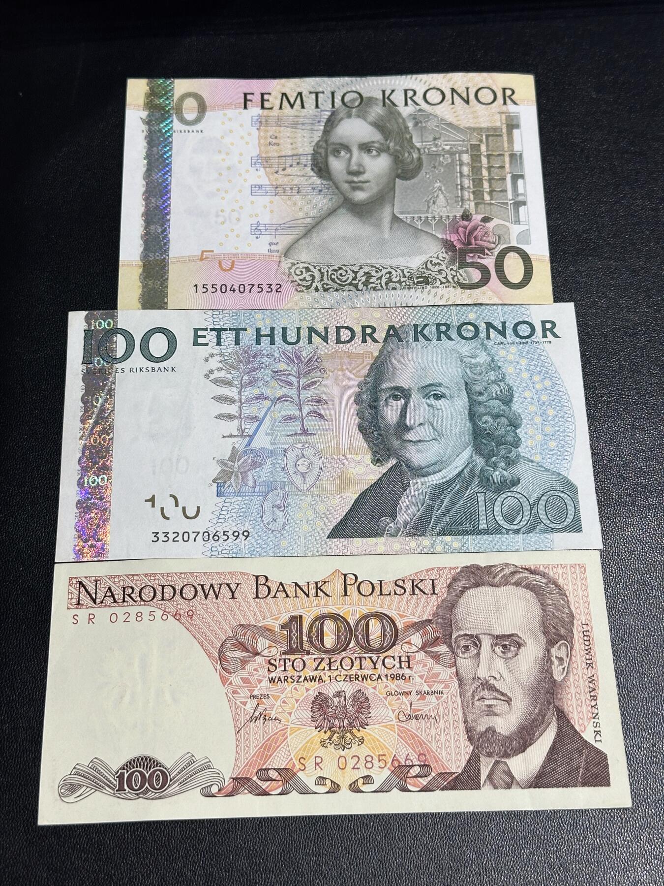 《外钞收藏家》第六百零九期（农历年前收官场、本期年后快递恢复正常再发货）（本平台长期征集拍品、欢迎藏友们联系合作） 瑞典上一版50克朗夜莺+100克朗林奈+波兰100（9品左右，全程无4）