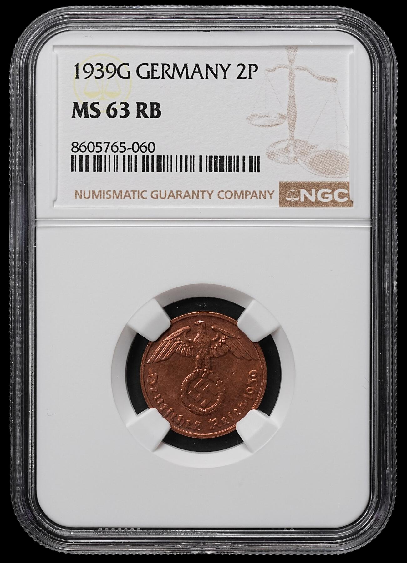 修遠堂世界钱币第104期 NGC MS63RB 1939年德国2芬尼铜币 G厂铭