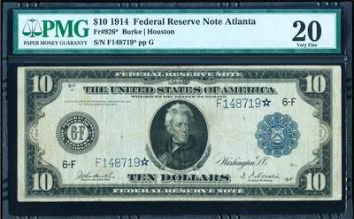 【Blue Auction】世界纸币精拍第784期——18级TOP拍卖/信誉/品质/专业/高效💫 - 【极罕见fr.926* 星星补号 存世最少的大票幅老美金品种之一】美国 1914年10美金 亚特兰大版布克和休斯顿签名组合 PMG20 老壳  正面杰克逊 背面工业与农业 大场景 雕刻精美（10年前该张纸币以2115美金成交，时过境迁重出江湖可遇不可求 其稀缺性导致美元目录也没法给出参考价）