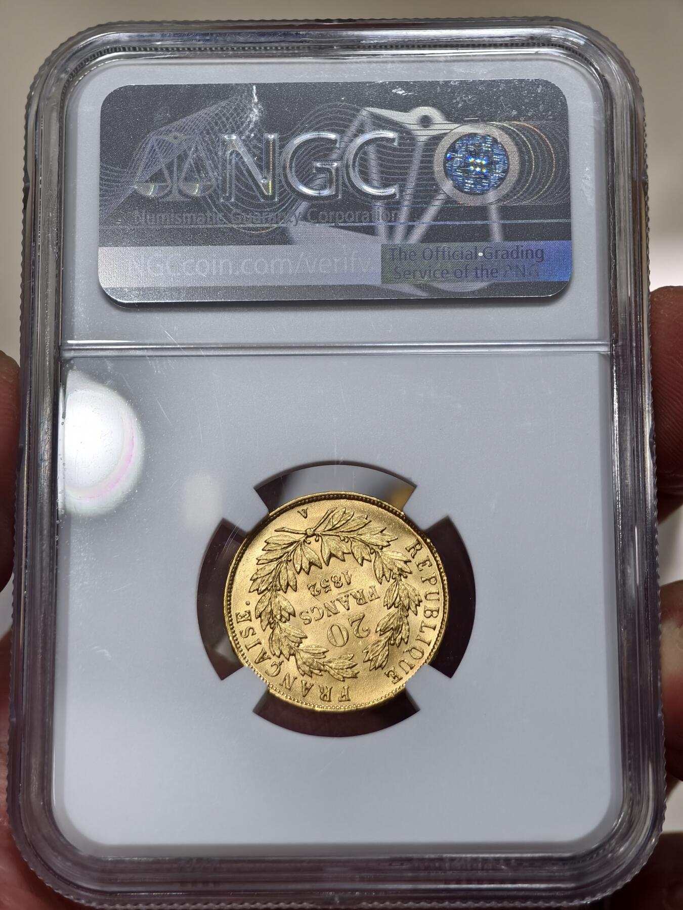 NGC-MS63法国1852年拿破仑三世总统版20法郎金币