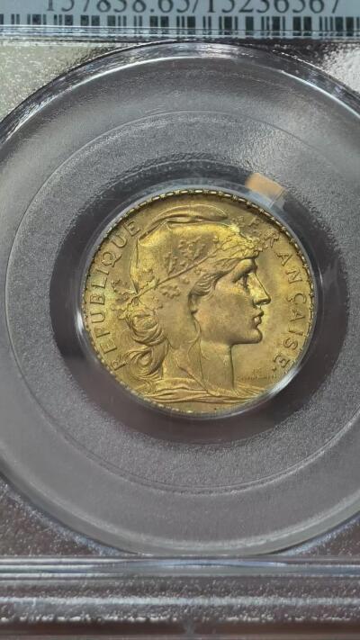 PCGS-MS65法国1913年玛丽安娜高卢雄鸡20法郎金币