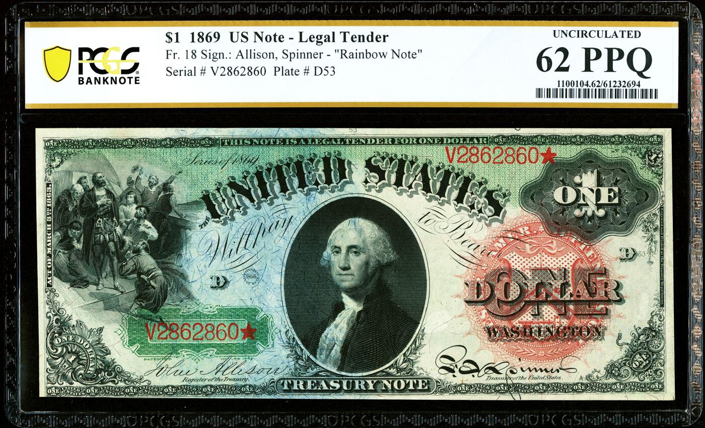 【Blue Auction】世界纸币精拍第784期——18级TOP拍卖/信誉/品质/专业/高效💫  【无47 里程碑“彩虹版”系列 百大美金之一 该图案首版】美国 1869年1美金 华盛顿头像 征服者登陆 PCGS62EPQ 全新原票 油墨凹凸感非常好 整体状态佳 性价比极高 （该票采用多色套印，是美国内战后防伪技术和纸币艺术的“巅峰之作”，被公认为“美国最美丽的纸币之一”，是所有美国纸币收藏家梦寐以求的品种，也是构建美国纸币收藏体系的核心品种之一） 