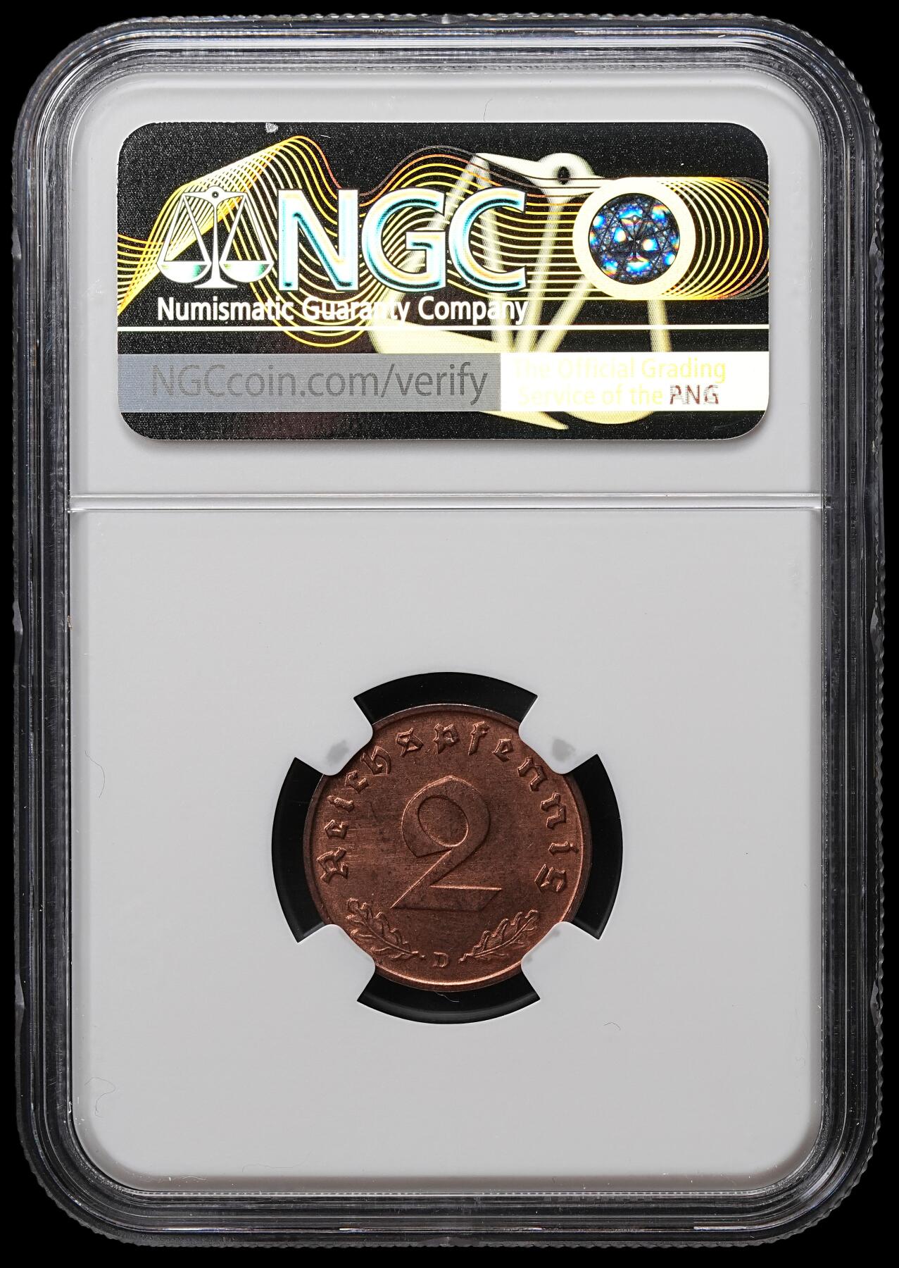 修遠堂世界钱币第104期 NGC MS63RB 1939年德国2芬尼铜币 D厂铭
