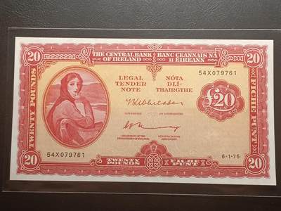 【年前末拍！】2026二月第二期，总216期 - 爱尔兰1975年20镑AUNC，爱尔兰人格化象征“拉维利夫人”，稀有的中高面值