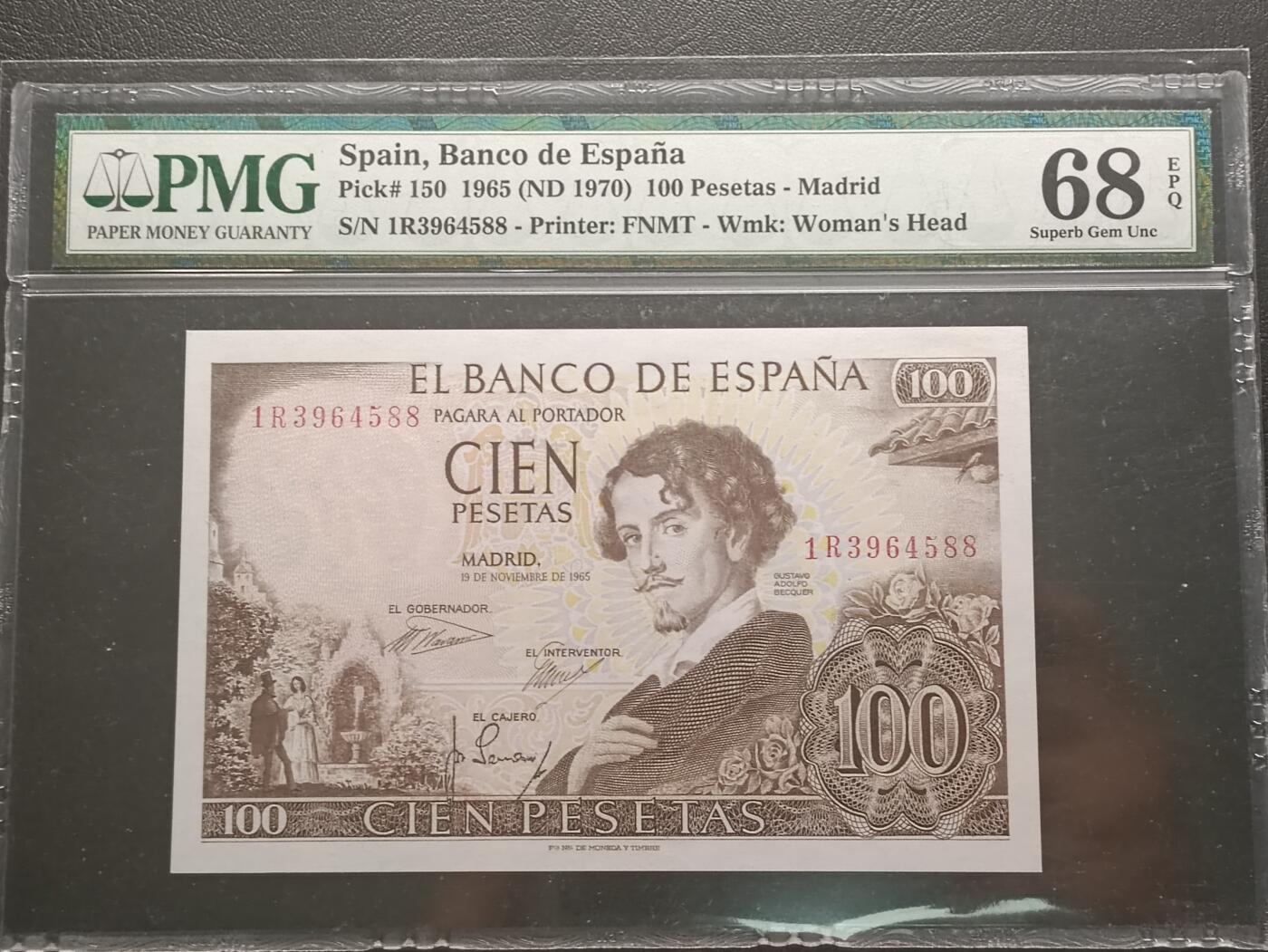 【年前末拍！】2026二月第二期，总216期 【冠军分】西班牙1965版100比塞塔PMG68epq，画家巴奎尔