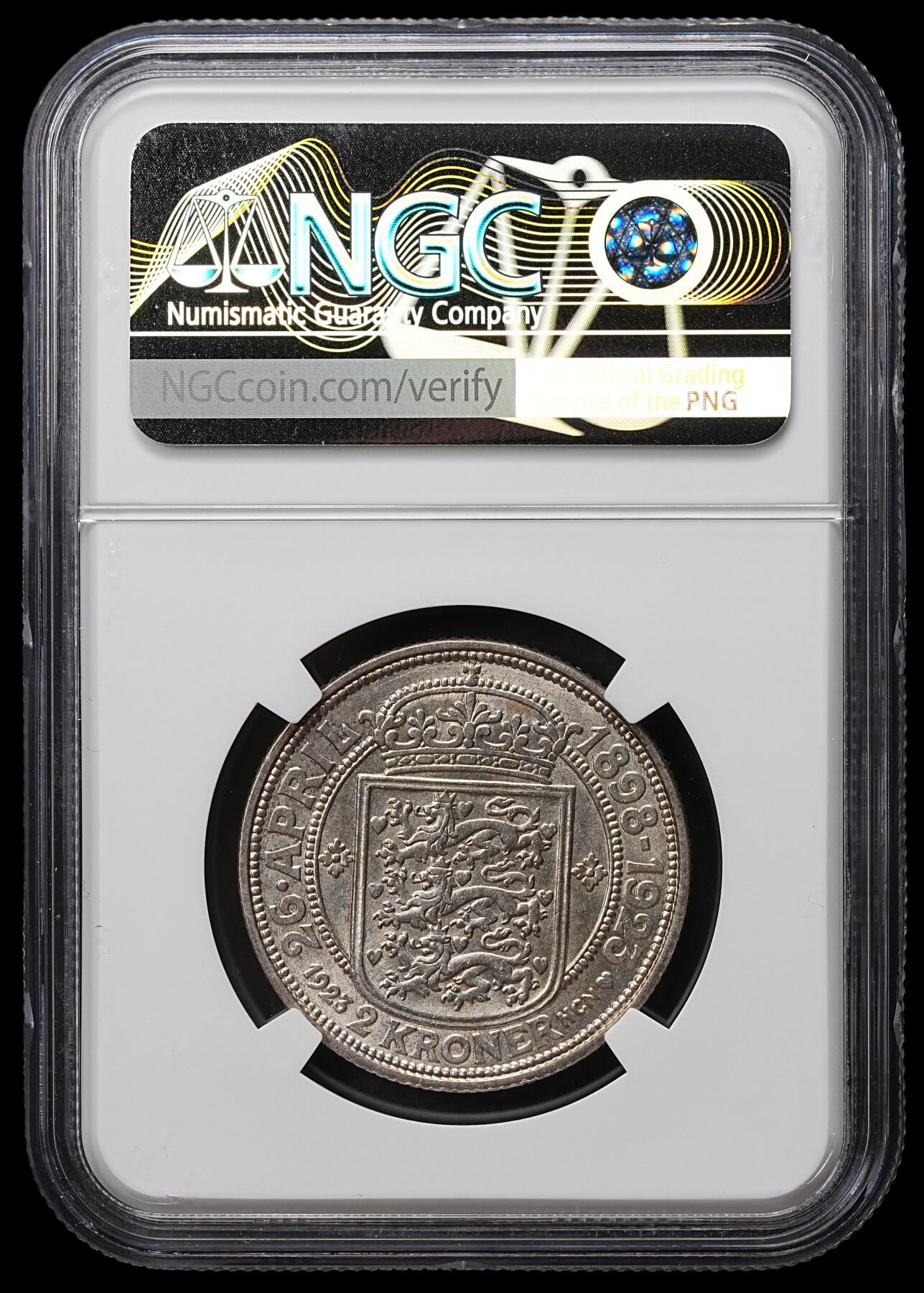 修遠堂世界钱币第104期 NGC MS64 1923年丹麦国王银婚纪念2克朗银币