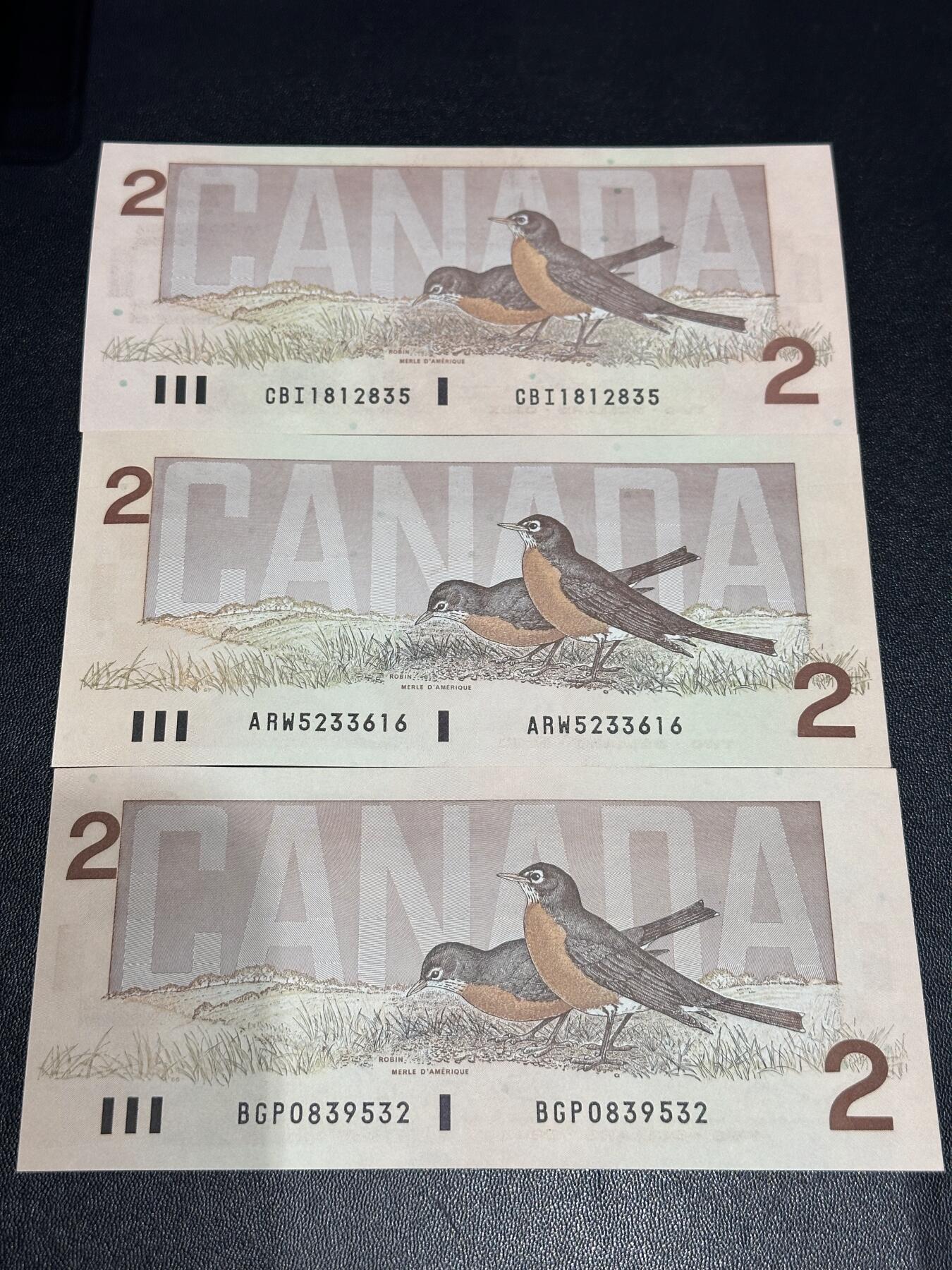 《外钞收藏家》第六百零九期（农历年前收官场、本期年后快递恢复正常再发货）（本平台长期征集拍品、欢迎藏友们联系合作） 加拿大1986年鸟版2元三张（全程无47；3种不同签名，其中一签较少 ）全新 有一张有个潮斑点