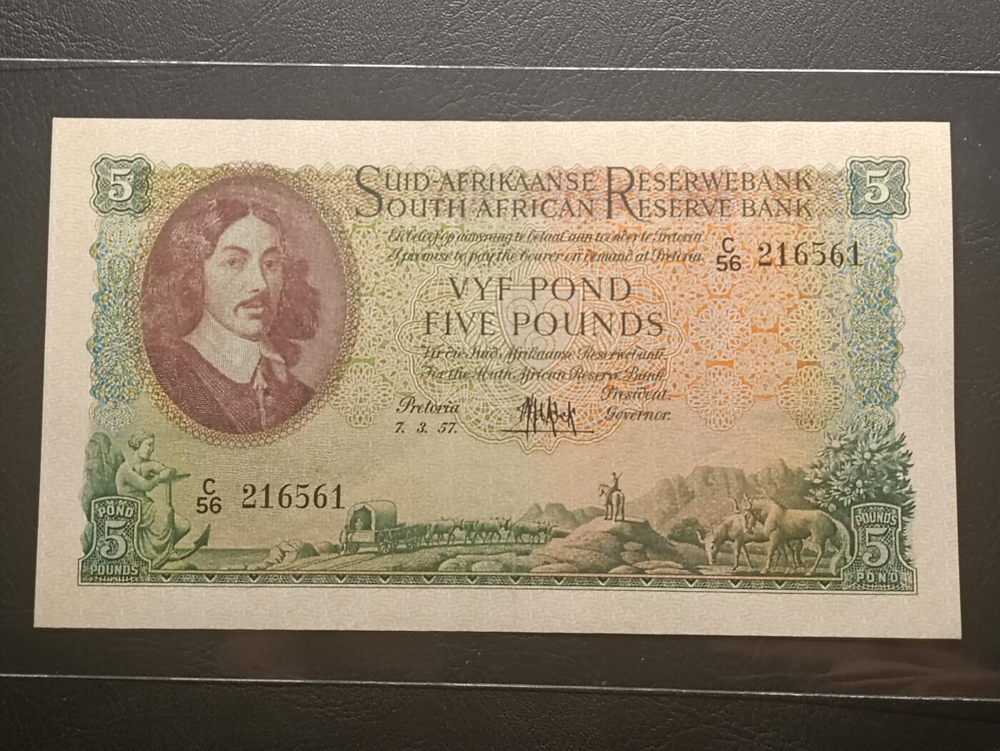 【年前末拍！】2026二月第二期，总216期 南非1957年5镑AUNC南非荷兰文在前版本无47，范里贝克和大帆船，少见南非镑中高面值品种