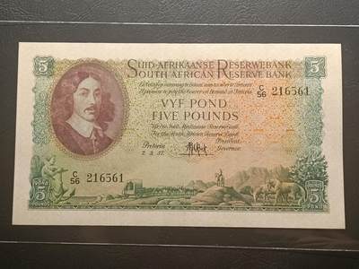 【年前末拍！】2026二月第二期，总216期 - 南非1957年5镑AUNC南非荷兰文在前版本无47，范里贝克和大帆船，少见南非镑中高面值品种