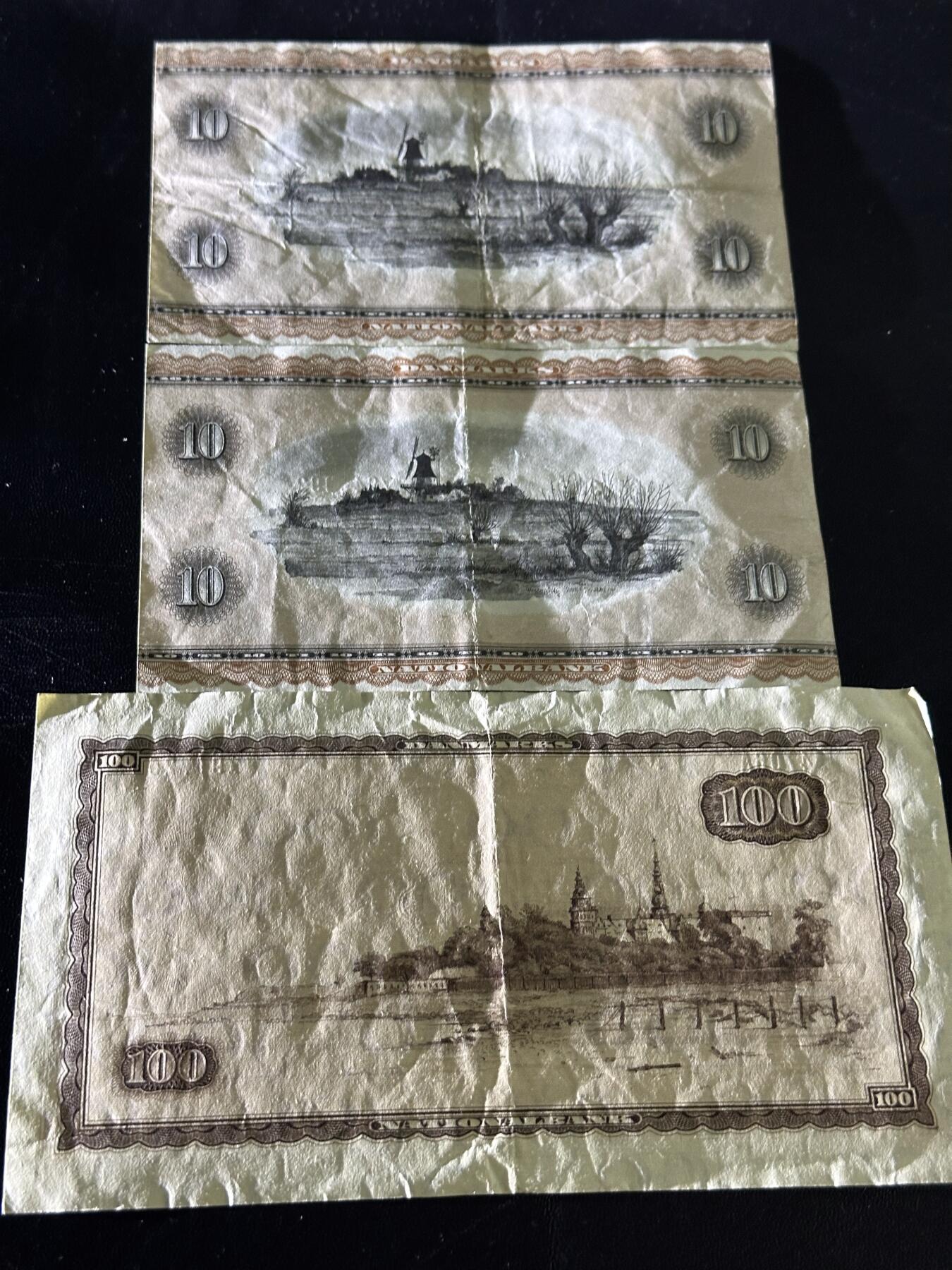 《外钞收藏家》第六百零九期（农历年前收官场、本期年后快递恢复正常再发货）（本平台长期征集拍品、欢迎藏友们联系合作） 1936年丹麦10和100克朗 3张一起 非全新 品相如图