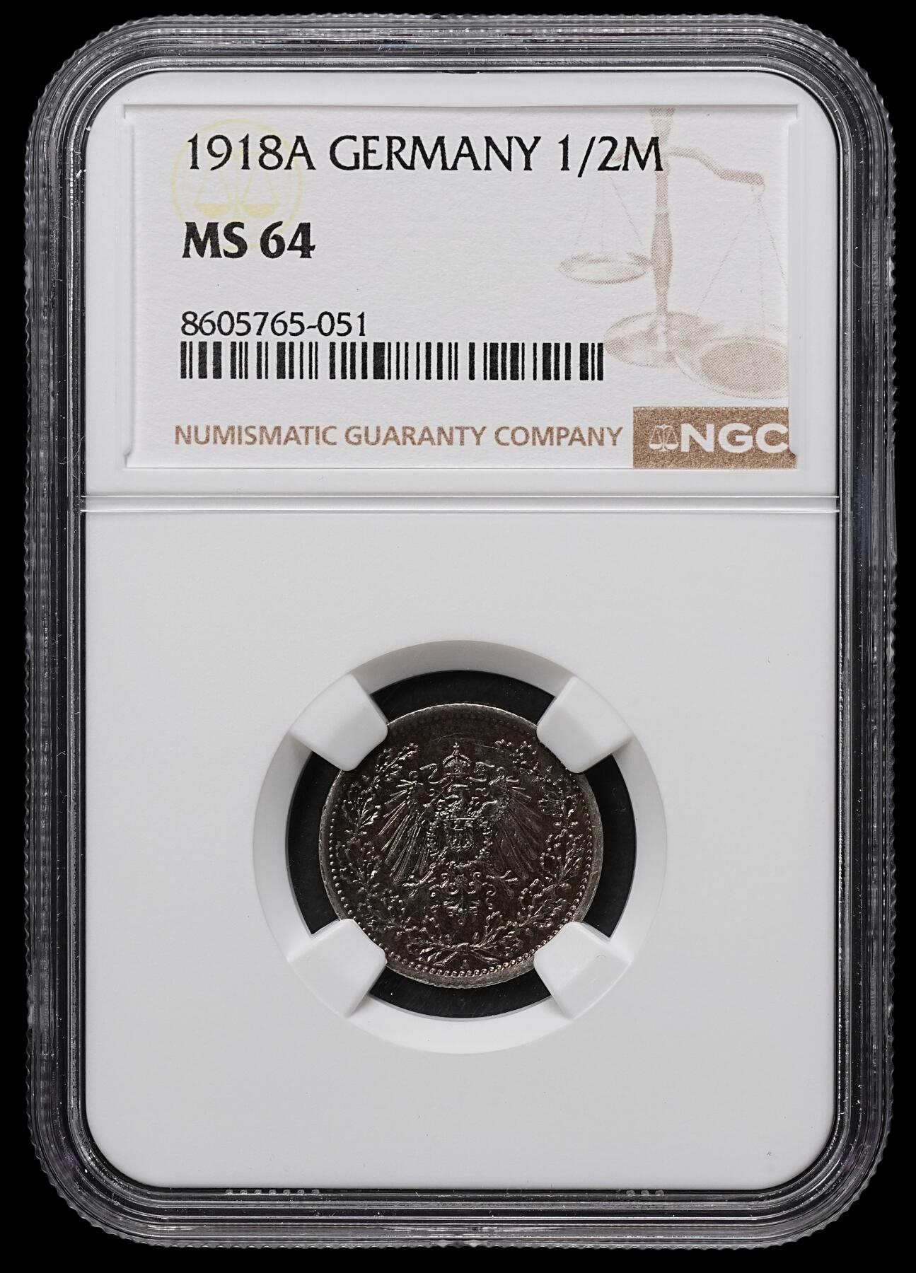 修遠堂世界钱币第104期 NGC MS64 1918年德国1/2马克银币 A厂铭 重黑彩
