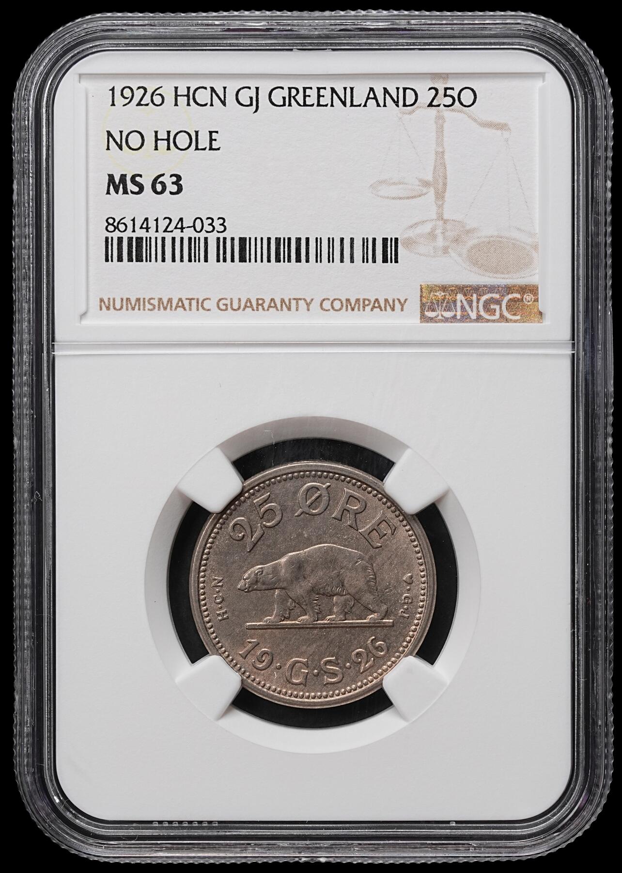 修遠堂世界钱币第104期 NGC MS63 1926年格陵兰25欧尔