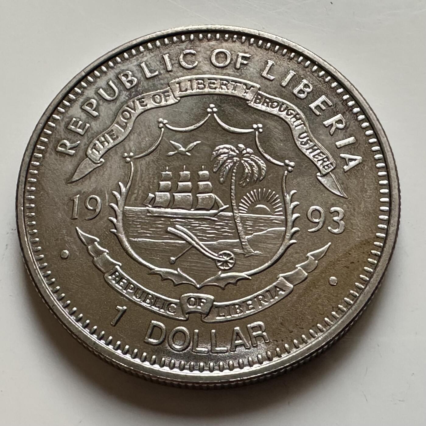 🌹外币初藏🌹🐯2026年第17场 快递将在12号停运 年前需发货的抓紧 ，年后正月十五恢复发货 利比里亚 1993年 始祖鸟 1元克朗纪念币