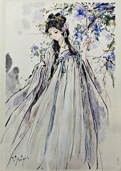 白泽拍卖卡牌手绘专场第32期（愿得长如此 年年物侯新） - 2025 迟迟手绘画 苏小小 尺寸：27cm*41cm  迟迟亲签