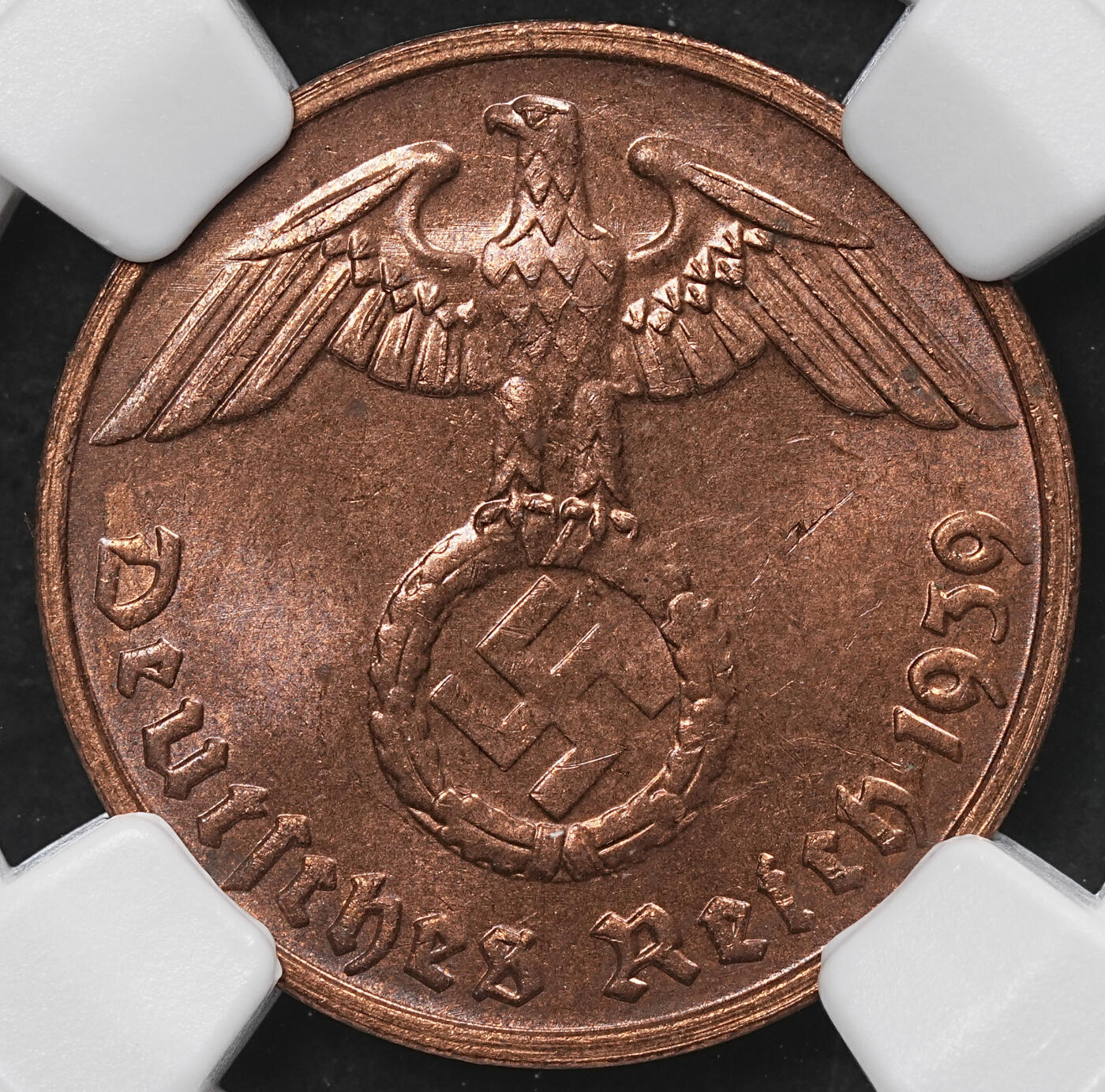 修遠堂世界钱币第104期 NGC MS63RB 1939年德国2芬尼铜币 G厂铭