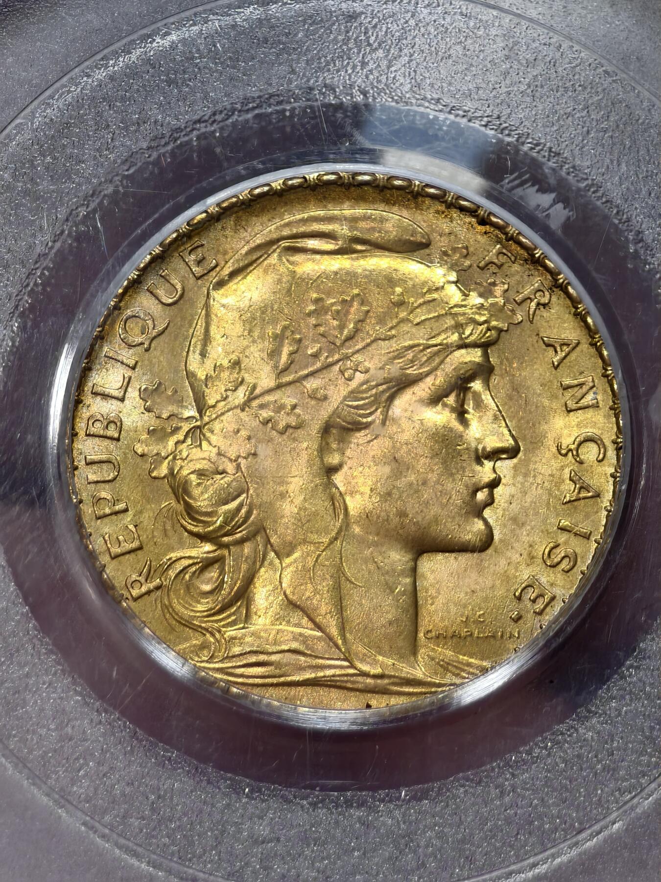 PCGS-MS65法国1913年玛丽安娜高卢雄鸡20法郎金币