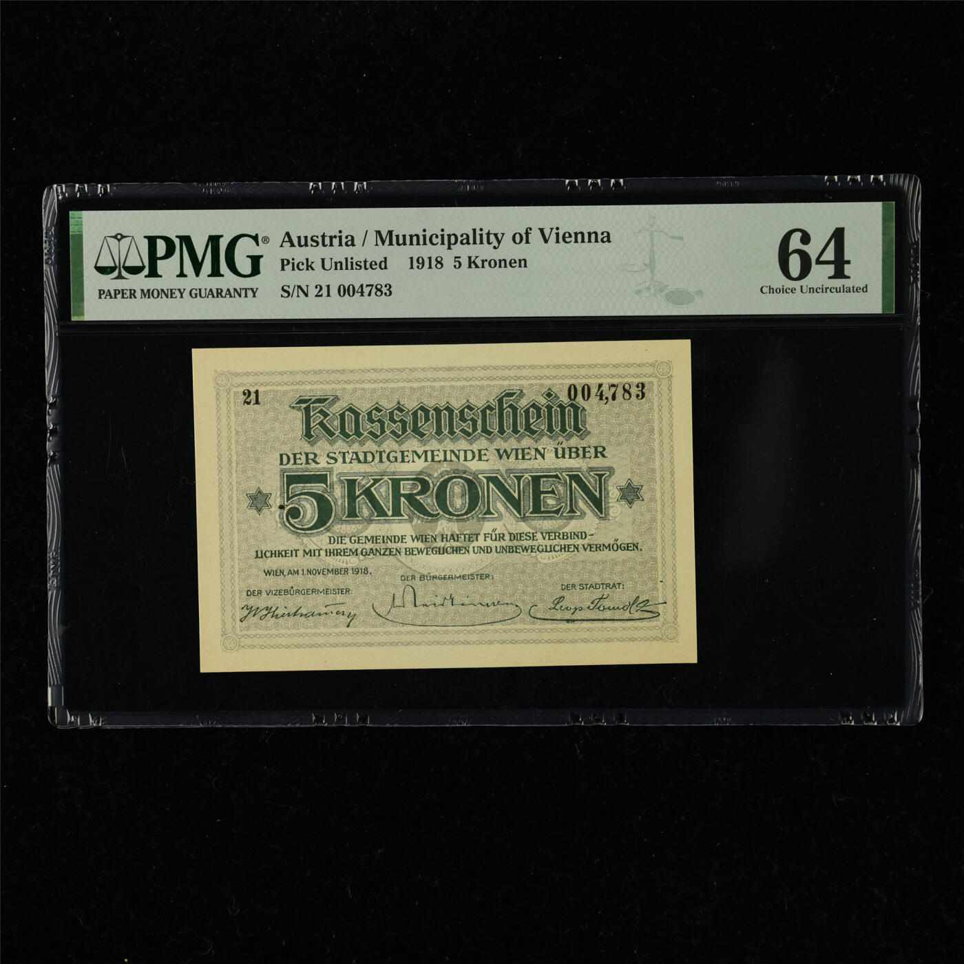 【亘邦集藏】第220期拍卖 1918年 奥地利维也纳市5克朗 PMG 64 21 004783