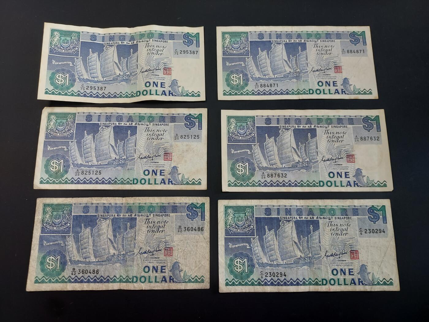 博彦收藏   2月9日 8点钱币专场 全场包邮 新加坡 旧版1元6张 流通品