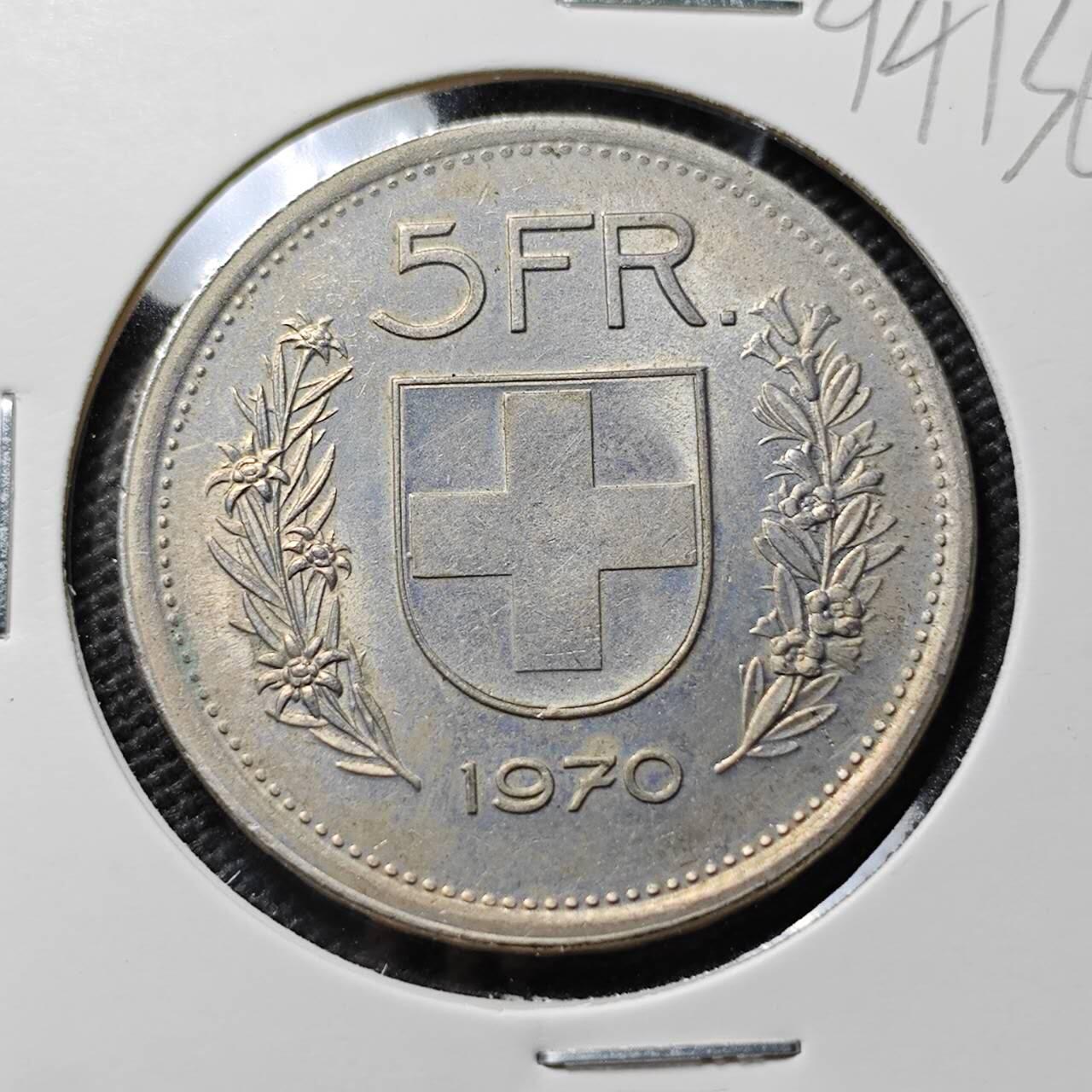 KK钱币收藏小铺  第394期  2月预留时间 周末发货 1970瑞士5法郎 
