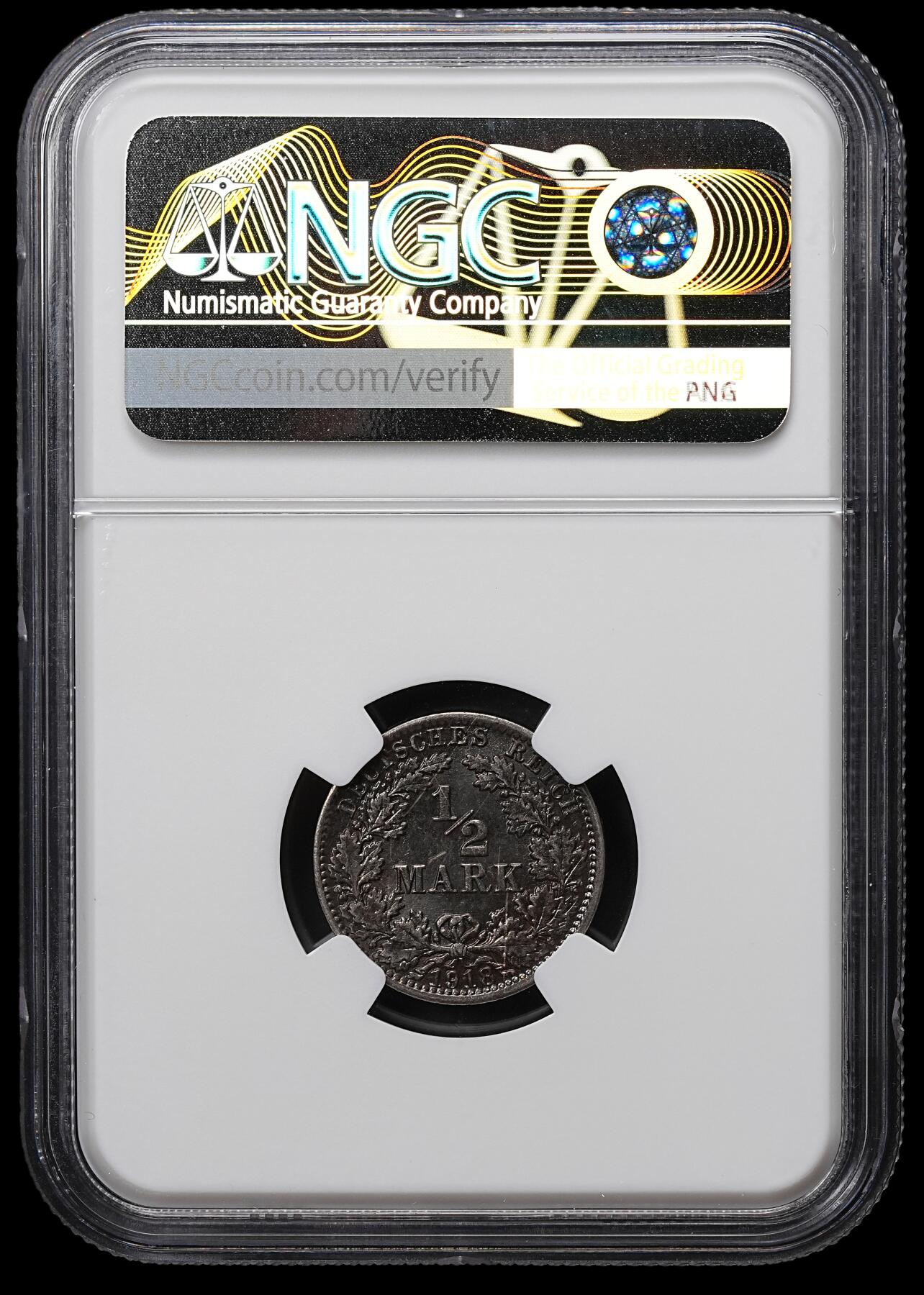 修遠堂世界钱币第104期 NGC MS64 1918年德国1/2马克银币 A厂铭 重黑彩