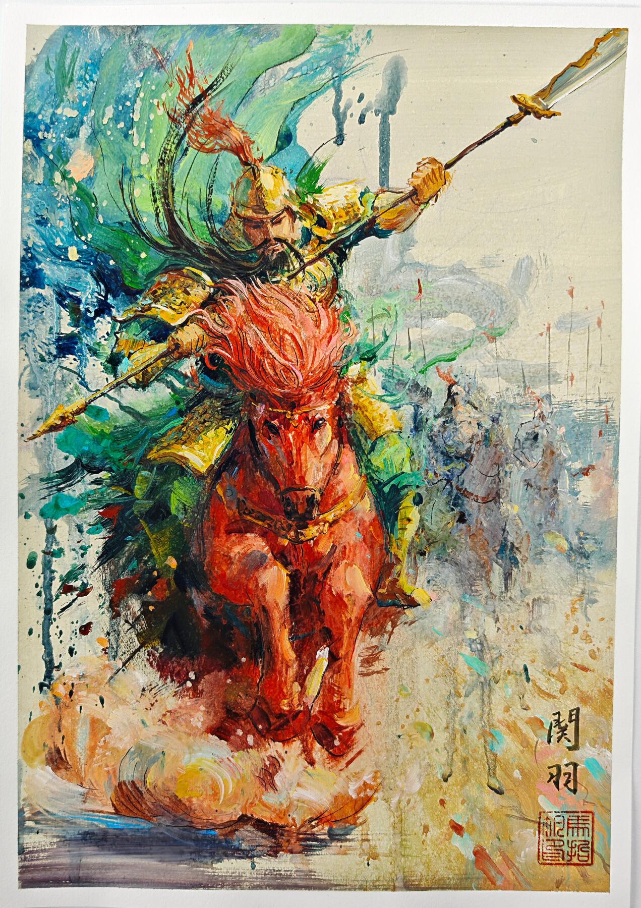 白泽拍卖卡牌手绘专场第32期（愿得长如此 年年物侯新） 2025 马哲帆手绘画 关羽 尺寸：25.3cm*36.7cm  马哲帆钤印