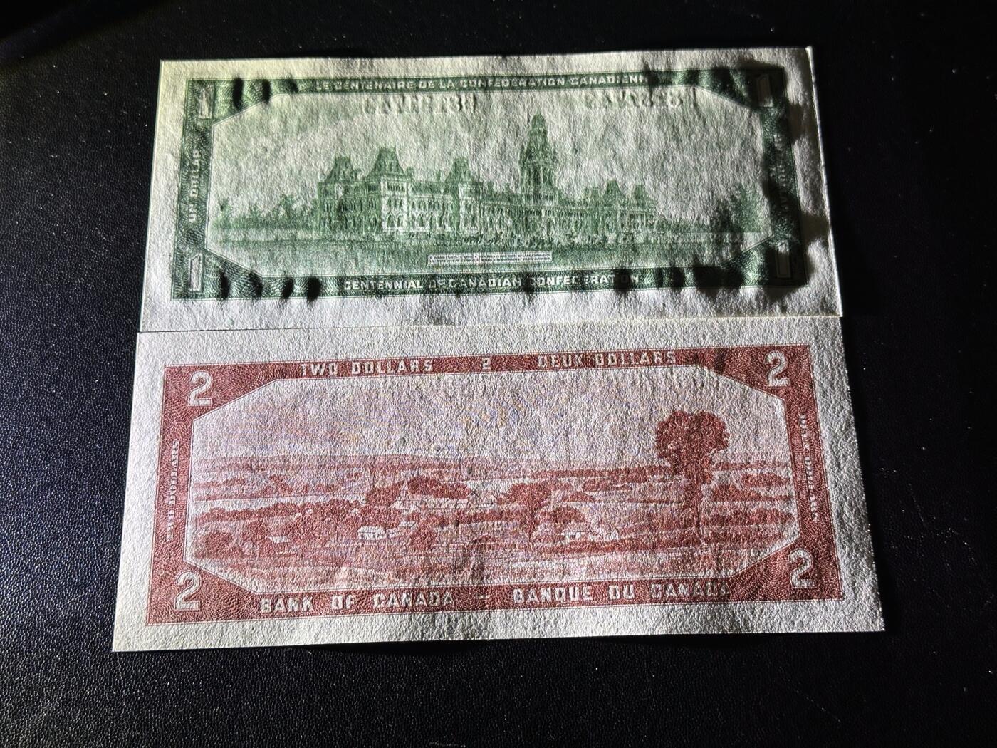 《外钞收藏家》第六百零九期（农历年前收官场、本期年后快递恢复正常再发货）（本平台长期征集拍品、欢迎藏友们联系合作） 加拿大1954年风景版2元+1967年1元（老版纸币UNC较少）		UNC