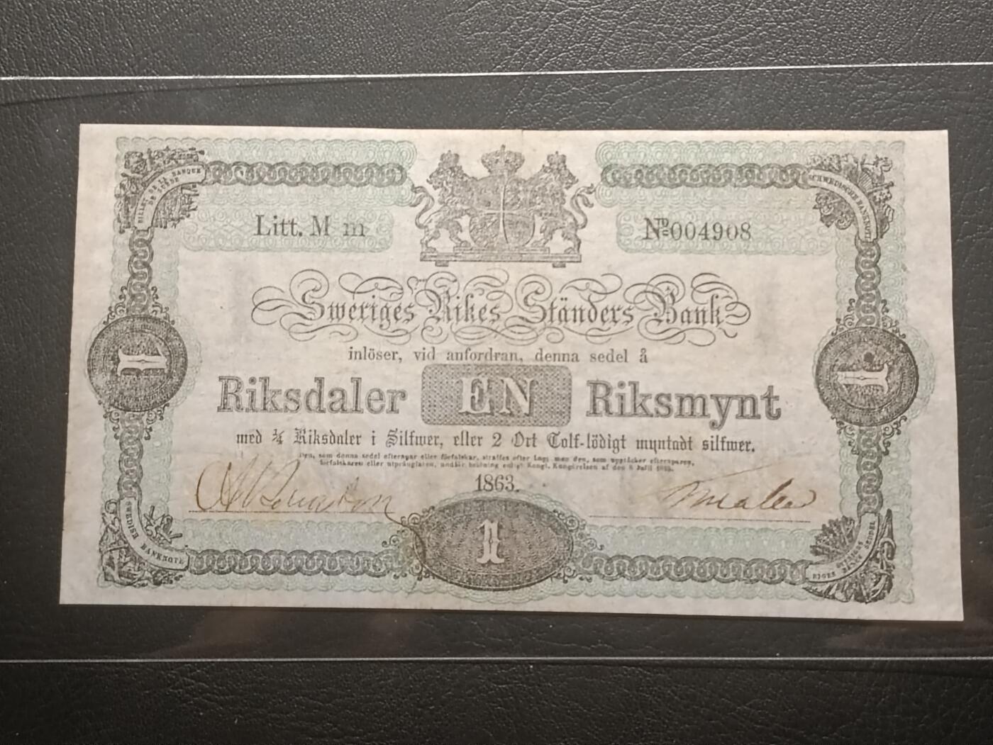 【年前末拍！】2026二月第二期，总216期 瑞典1863年1塔勒流通好品XF千位号，稀有的极早期瑞典银行塔勒银币品种，手写签名