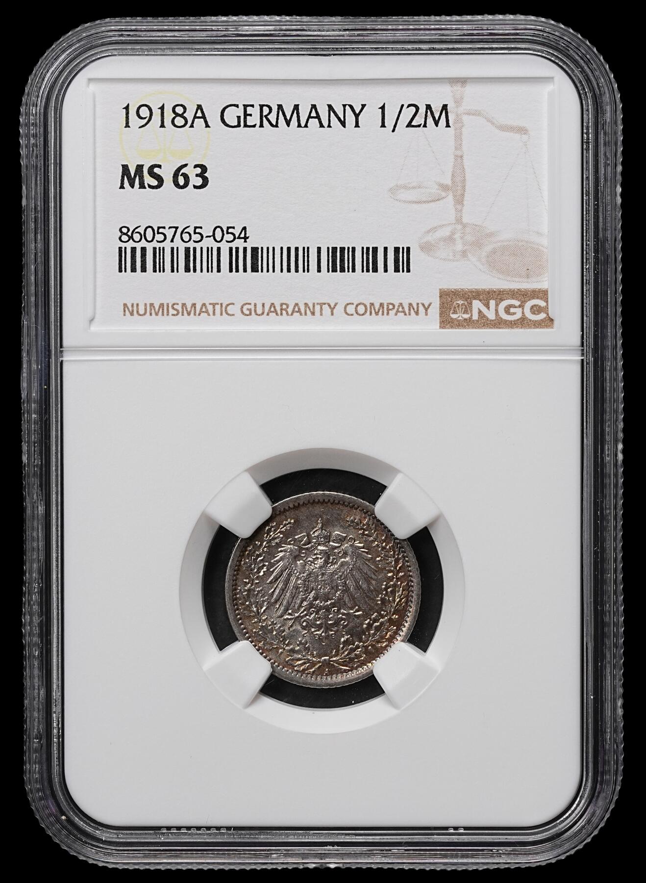 修遠堂世界钱币第104期 NGC MS63 1918年德国1/2马克银币 A厂铭 黑彩