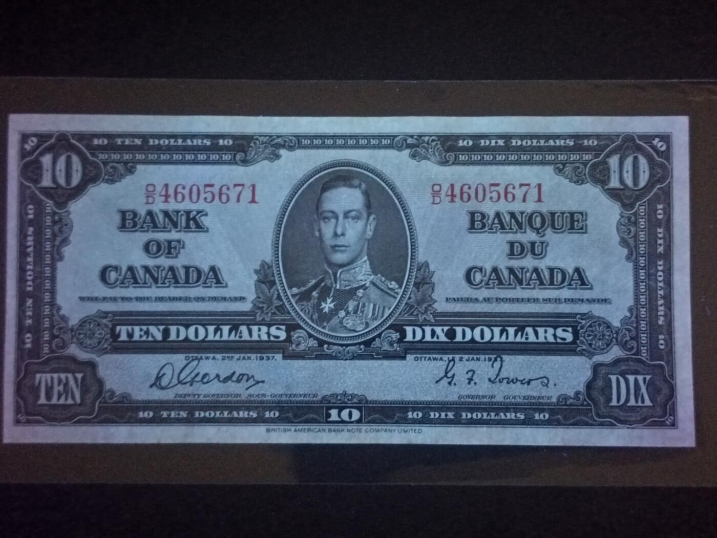 【年前末拍！】2026二月第二期，总216期 加拿大1937版10元UNC-，乔治六世国王和商业神墨丘利，稀有中高面值品种