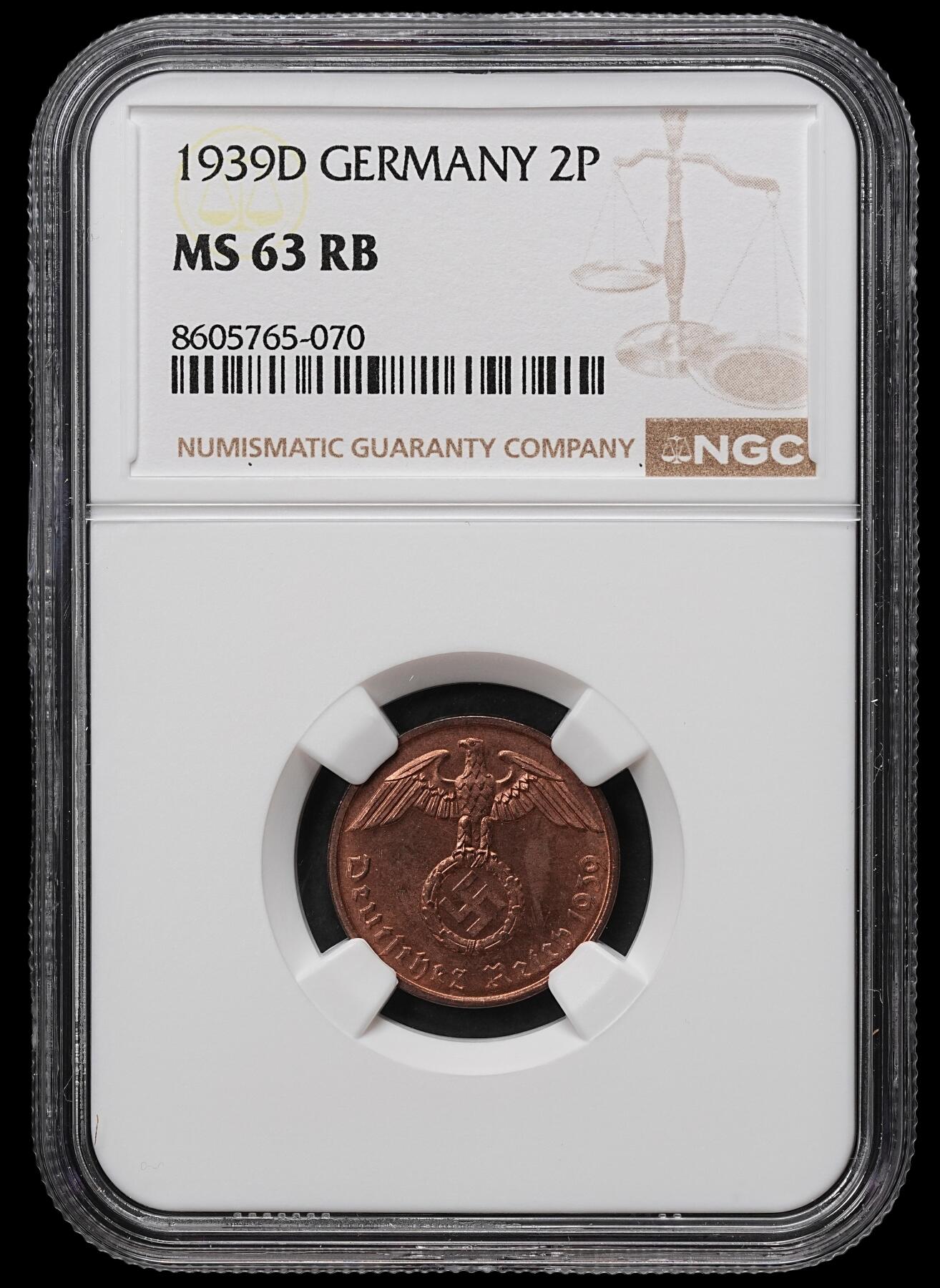 修遠堂世界钱币第104期 NGC MS63RB 1939年德国2芬尼铜币 D厂铭