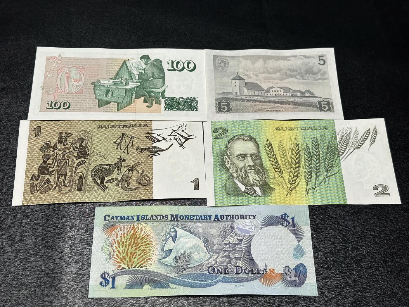 《外钞收藏家》第六百零九期（农历年前收官场、本期年后快递恢复正常再发货）（本平台长期征集拍品、欢迎藏友们联系合作） 冰岛、澳大利亚、开曼 5张一起 全新 3张轻微潮