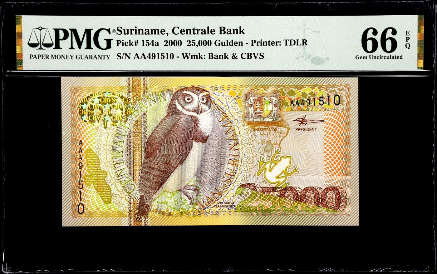 【Blue Auction】世界纸币精拍第784期——18级TOP拍卖/信誉/品质/专业/高效💫 【AA首发冠】苏里南 2000年25000盾 花鸟版最高值 设计非常讨人喜爱 凑套必备 PMG66EPQ
